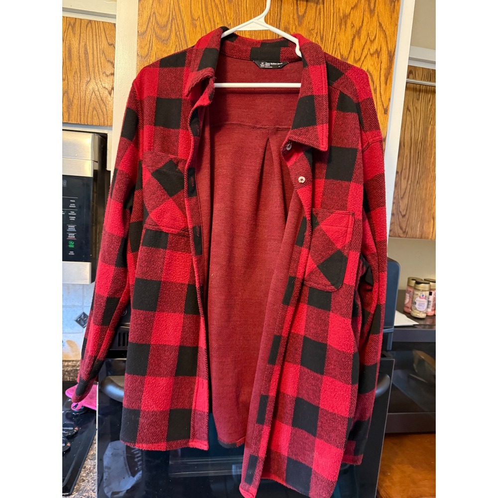 Cozy Button Down Flannel Shirt Red Black Buffalo Plaid Warm Loungewear Top XL